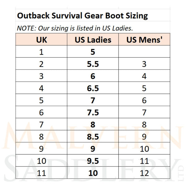 Outback Survival Guide Boot Sizing Chart | Malvern Saddlery