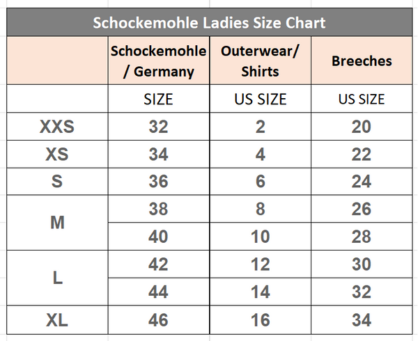 Schockemoehle Ladies Size Chart | Malvern Saddlery