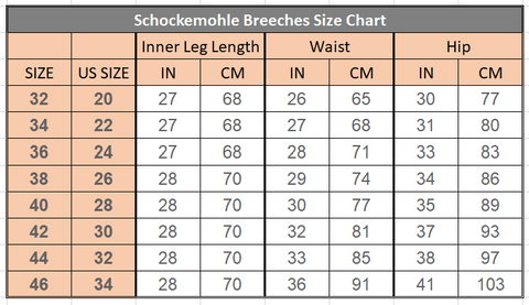 Schockemoehle Ladies Breeches Size Chart | Malvern Saddlery