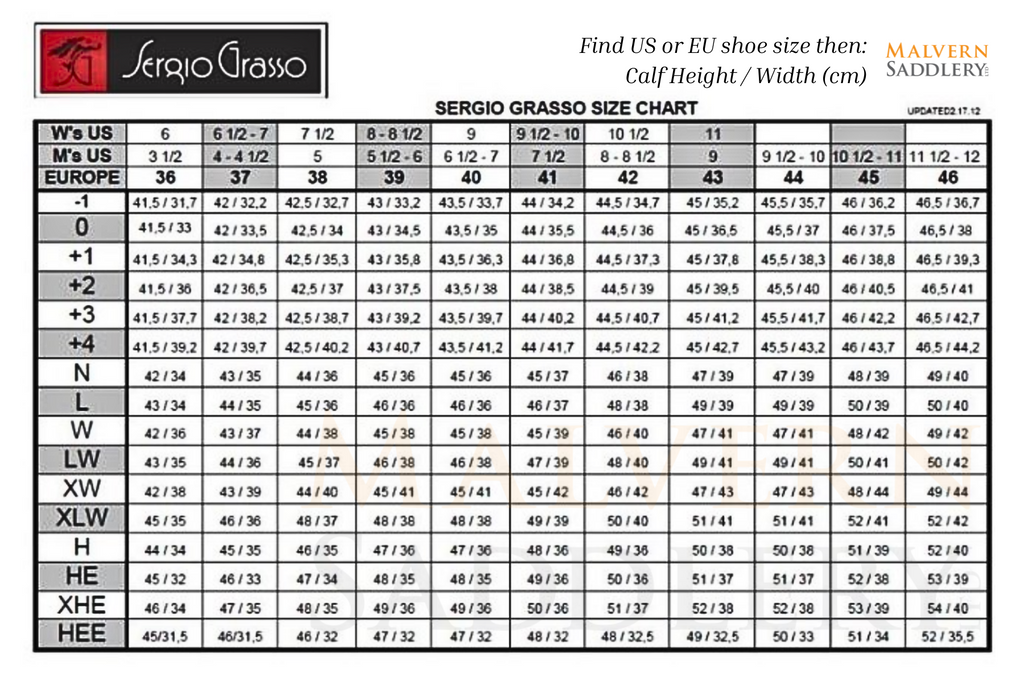 Sergio Grasso Tall Boots Size Chart | Malvern Saddlery