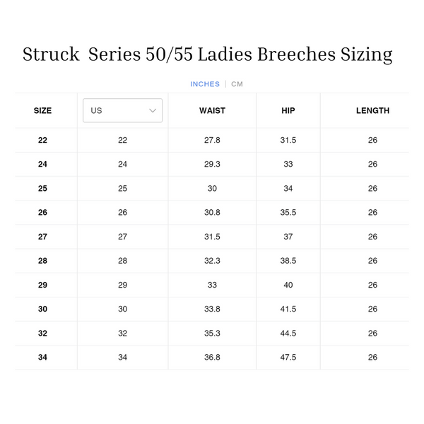 Struck Ladies 50/55 Breeches Size Chart | Malvern Saddlery