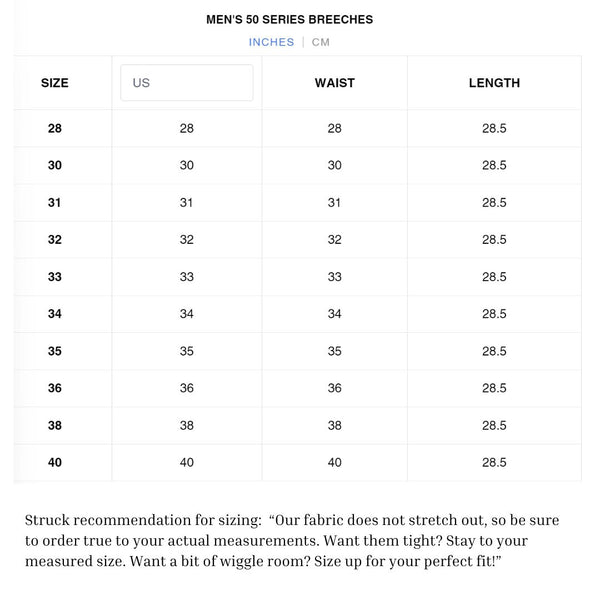 Struck Men's Breech Size Chart | Malvern Saddlery