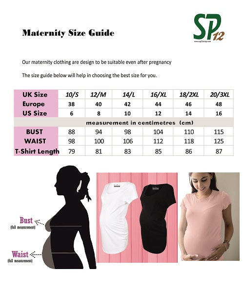 Maternity T Shirts Size Chart - Pregnancy Clothing Size Measurement UK USA Europe Size Conversion Ladies - SP12