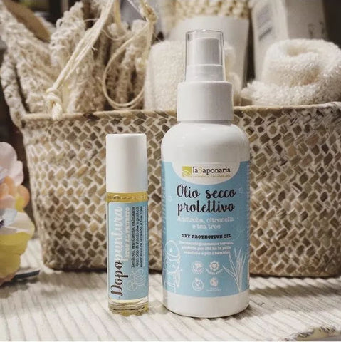 protection naturelle anti moustique insectes répulsif bio huile protectrice olio secco prottetivo la saponaria anti zanzare, protection 100% minérale Haute protection UVA/UVB, indice SPF 30, anti age, protection du visage corps enfants bébé peaux blanches claires d'hydratation, vegan bio erbe di janas phitofilos