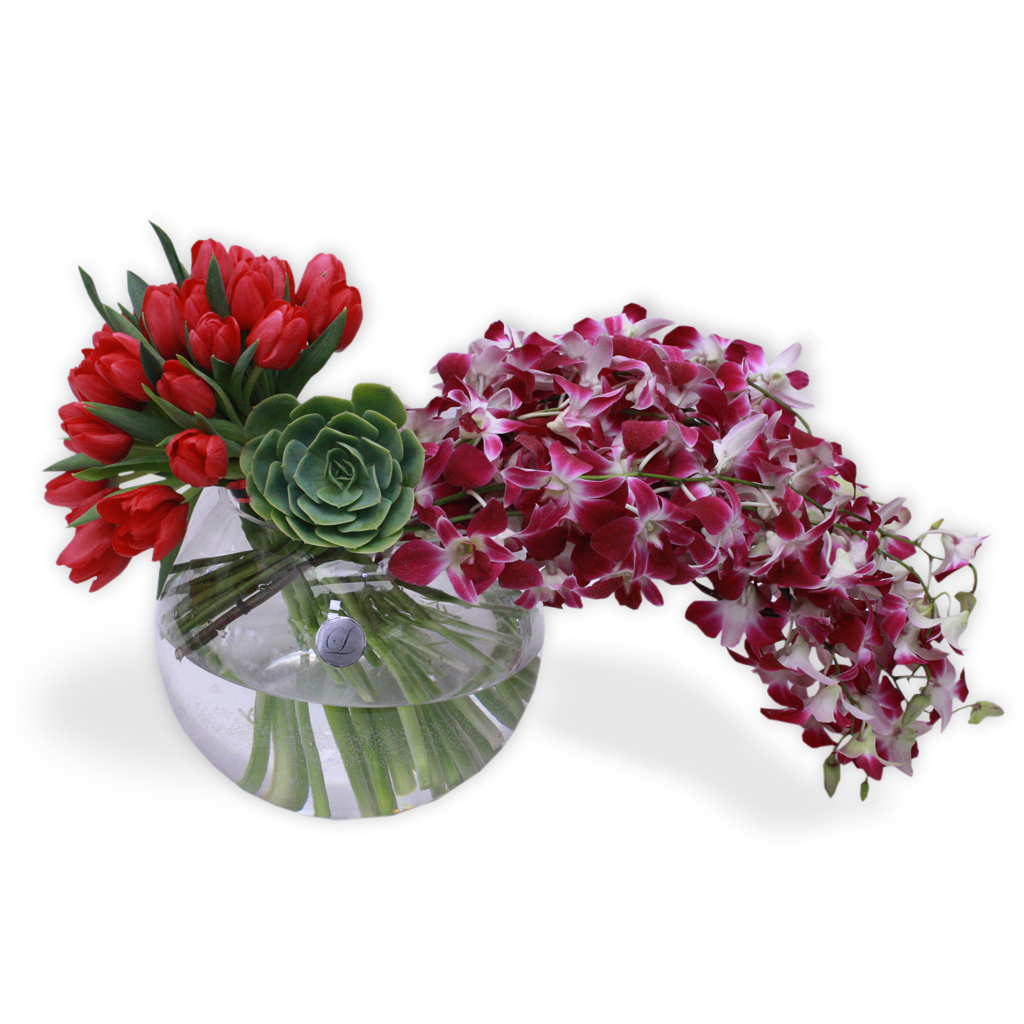 Elegante Arreglo Floral de Orquideas y Tulipanes | BRIGITTE – Laurel  Floristería