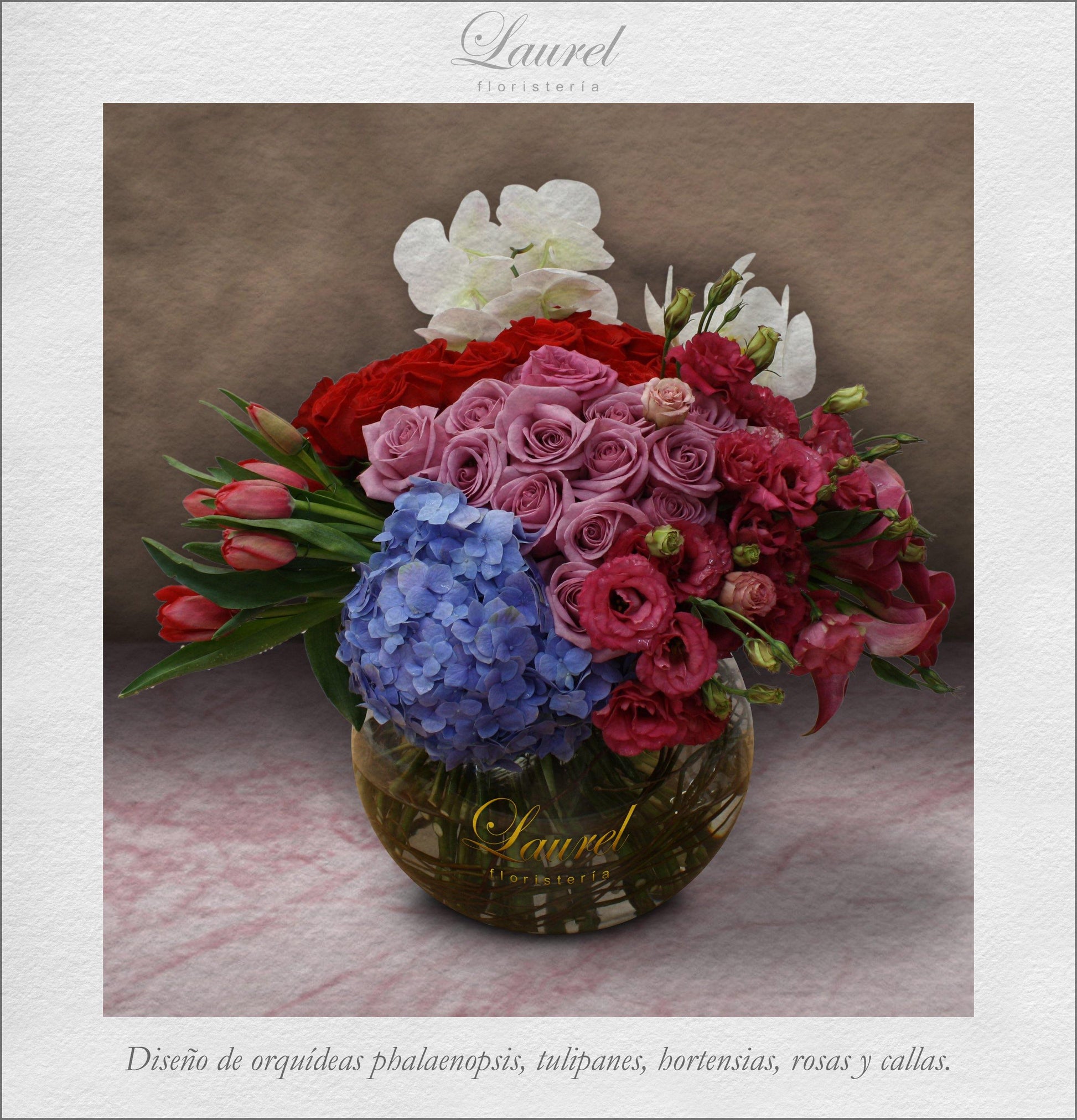 LUJO Diseño Floral Callas, lisianthus, Tulipanes y Rosas. – Laurel  Floristería