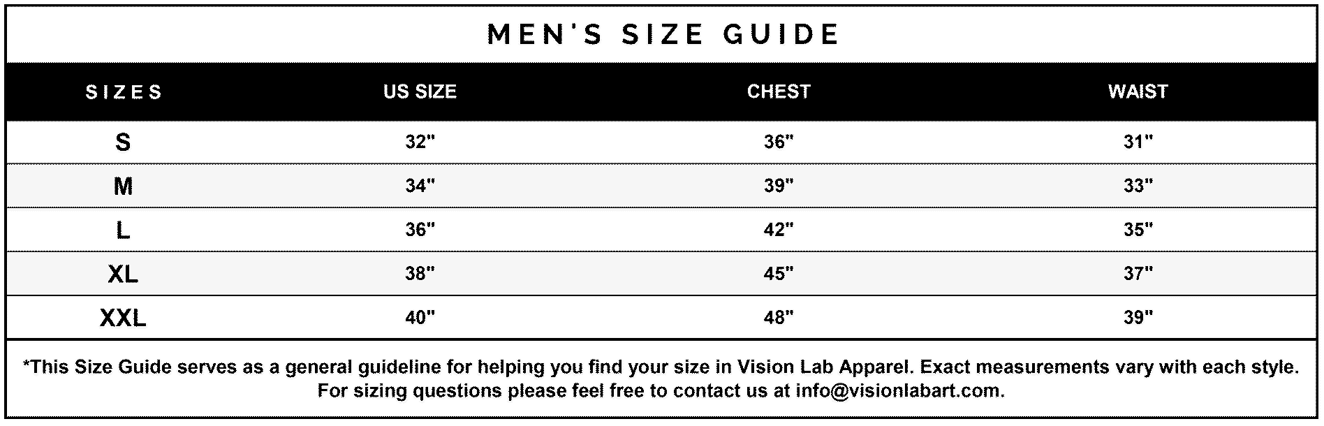 VisionLab size chart and information – Phil Lewis Art