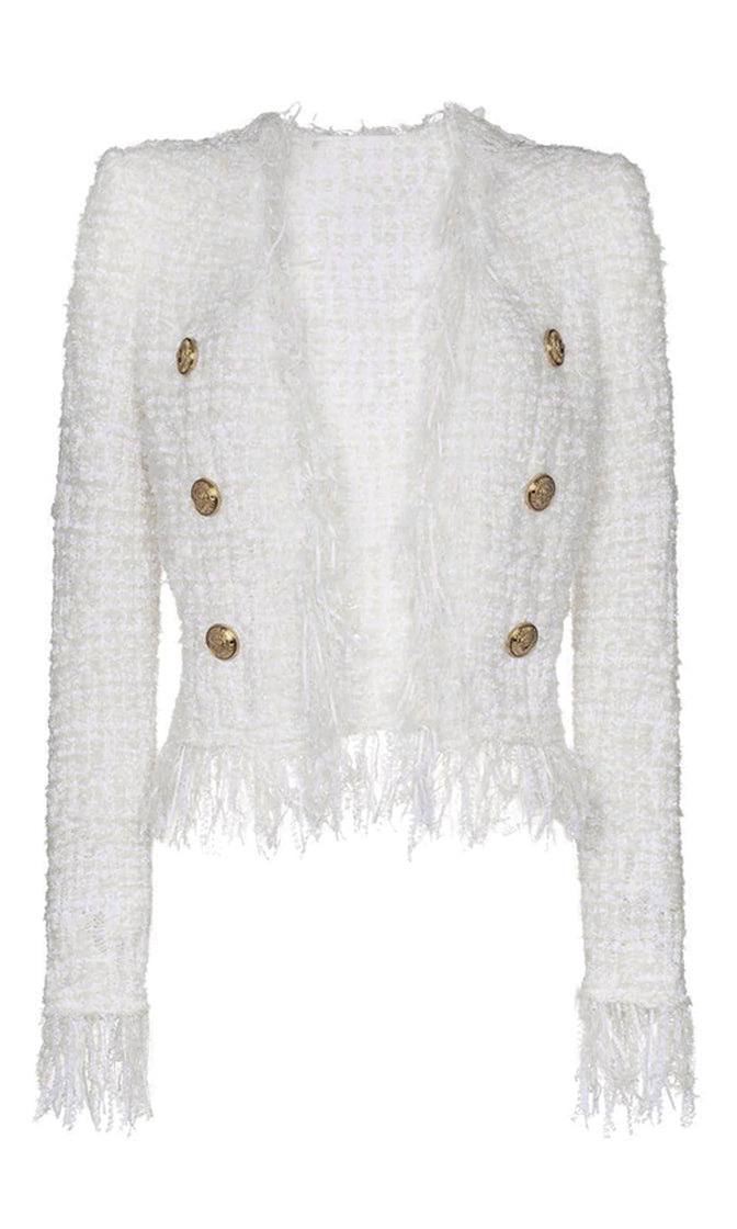 Forever Mine White Boucle Tweed Fringe Tassel Long Sleeve Round