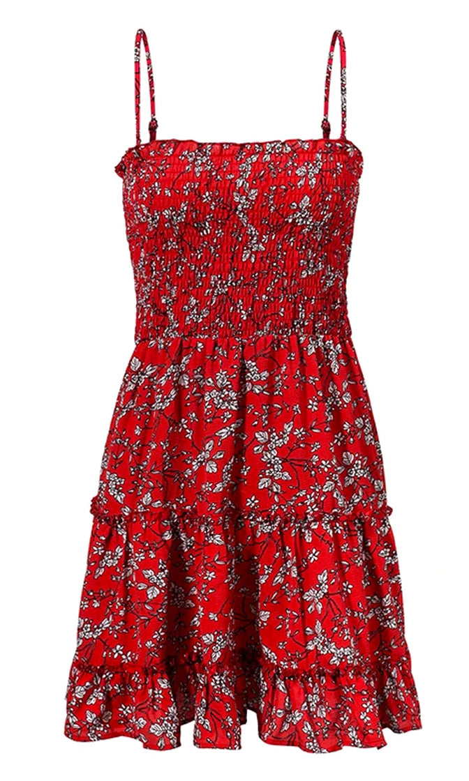 Wildflower Wishes Red Floral Pattern Strapless Smocked Ruffle Empire W ...