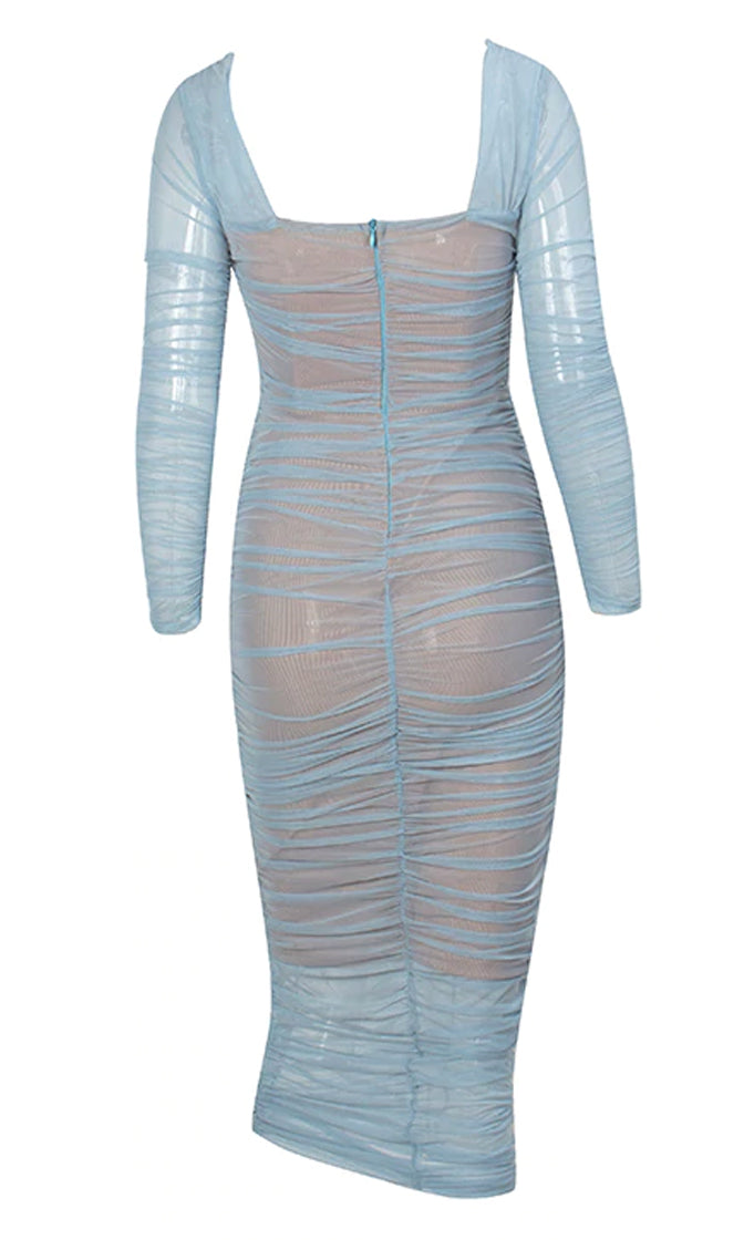 Getting It Right Blue Sheer Mesh Long Sleeve Sweetheart Neck Ruched Bo ...