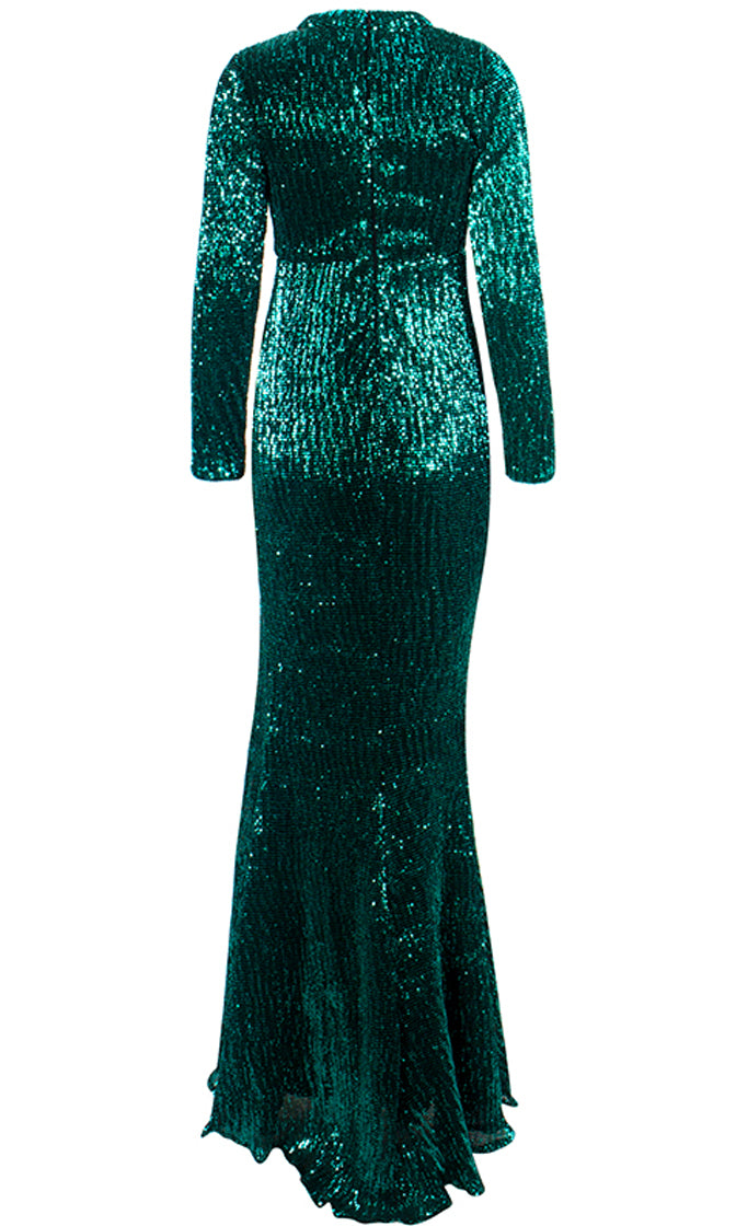 Hollywood Glitz Green Sequin Long Sleeve Mock Neck High Slit Maxi Dres ...