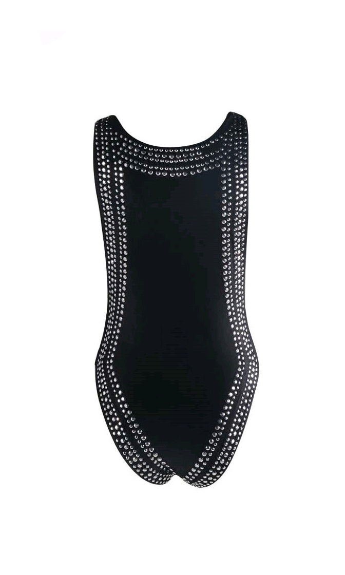 Need You Now Black Silver Stud Sleeveless Scoop Neck One Piece Swimsui ...