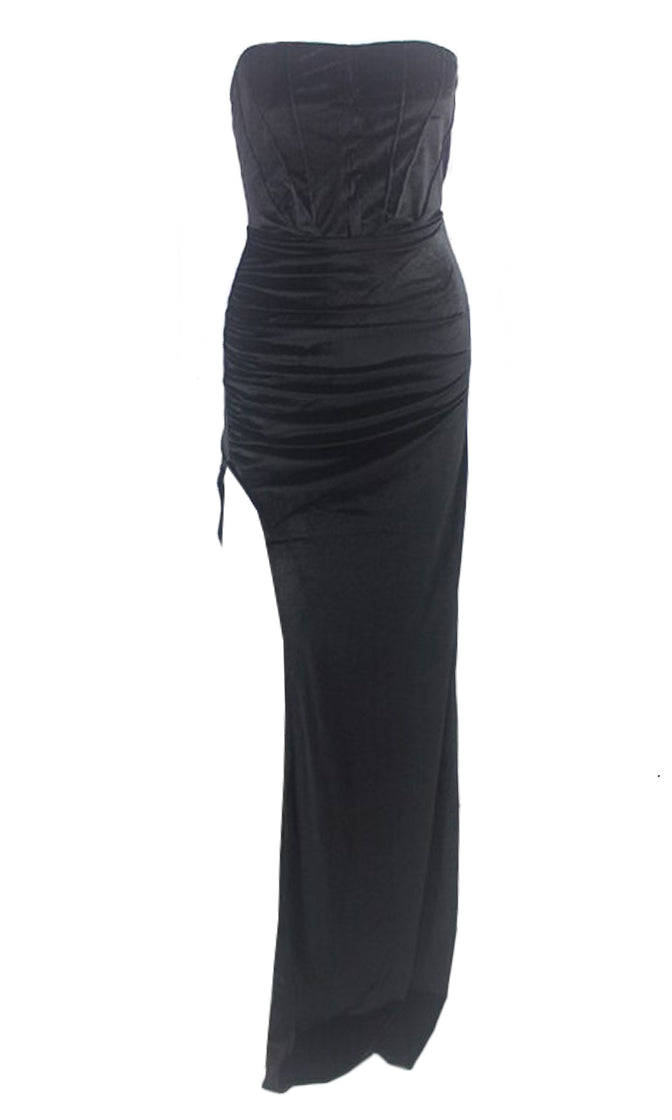 Keep Staring Velvet Strapless Side Slit Ruched Bodycon Maxi Dress - So ...