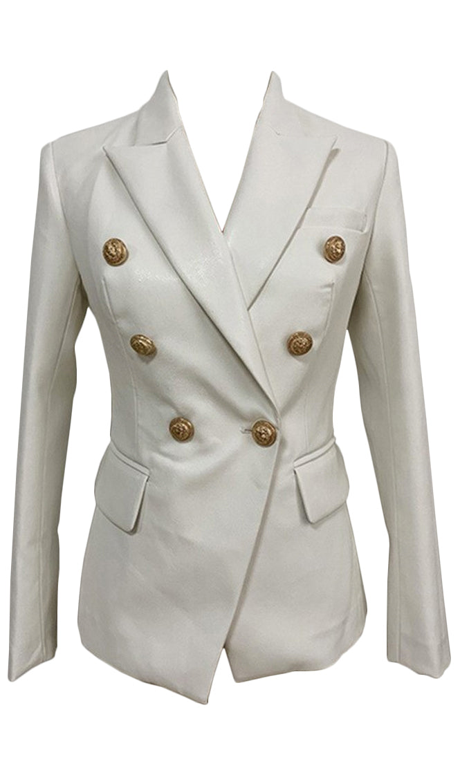 Clean Lines White Faux Leather Gold Button Double Breasted Blazer Jack ...