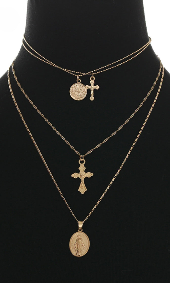 Layer Upon Layer Multi Chain Cross and Pendant Necklace - 2 Colors Ava ...
