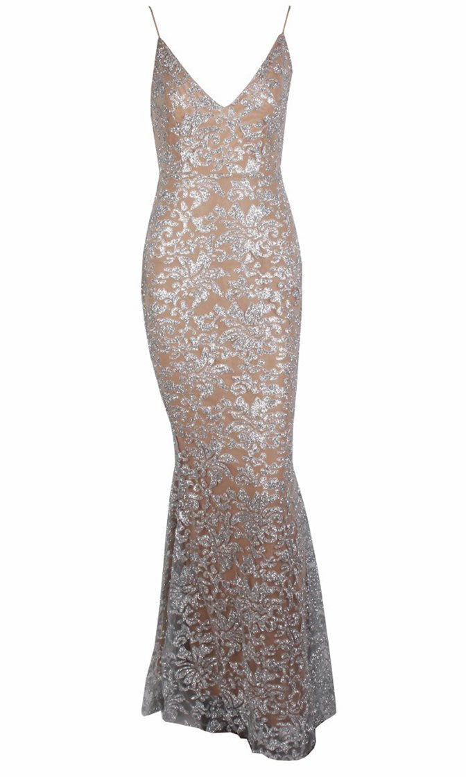 Evening Lights Silver Floral Glitter Sleeveless Spaghetti Strap Plunge ...