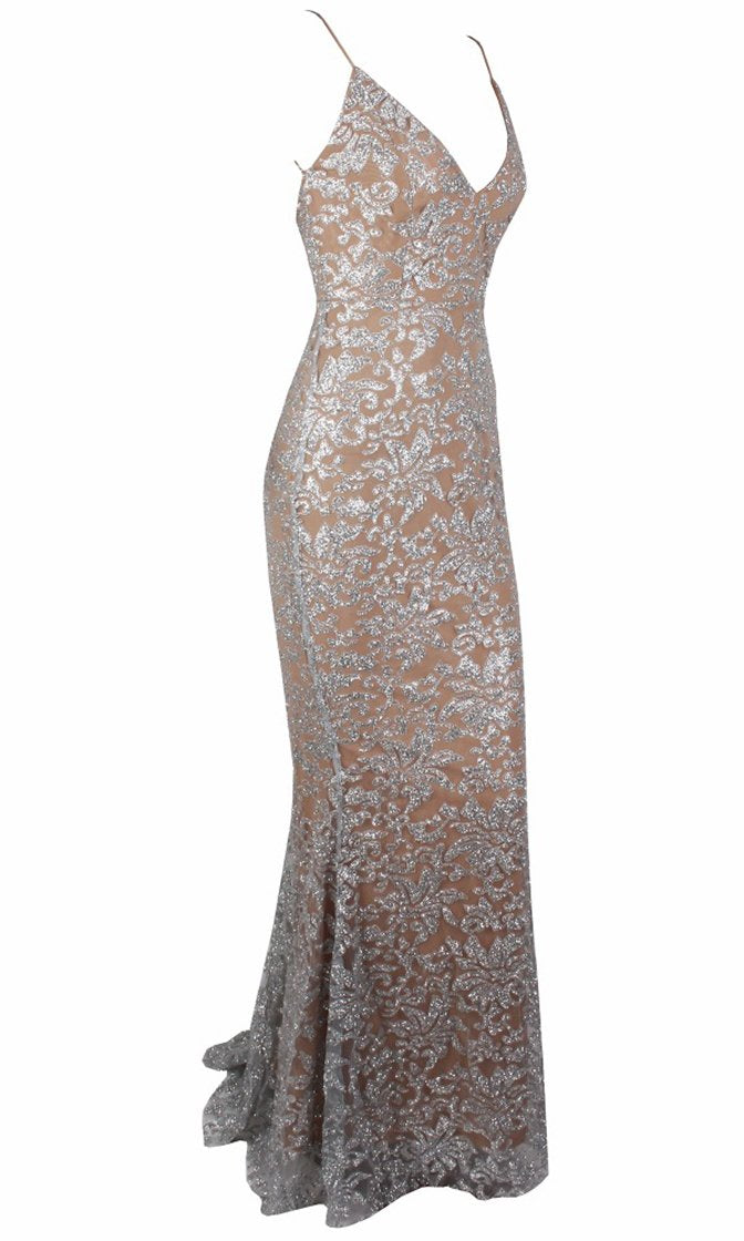 Evening Lights Silver Floral Glitter Sleeveless Spaghetti Strap Plunge ...