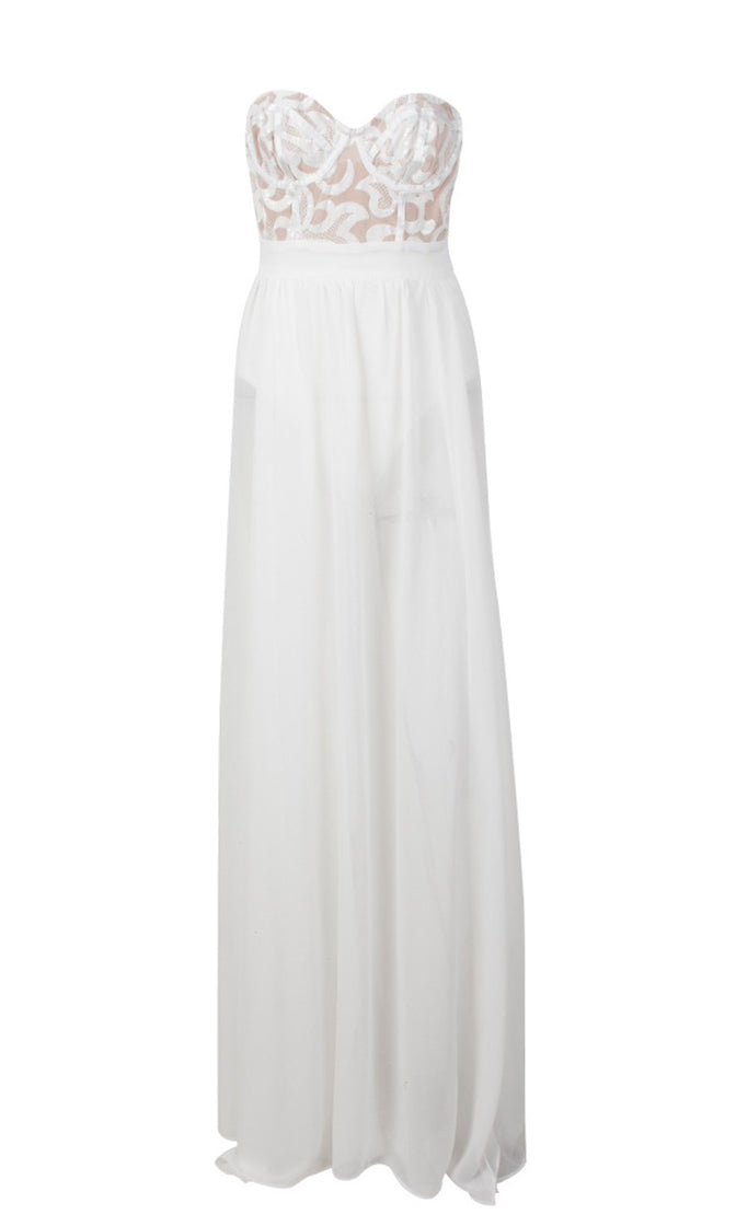 In For A Treat White Sequin Strapless Sweetheart Neck Sheer Chiffon Do ...