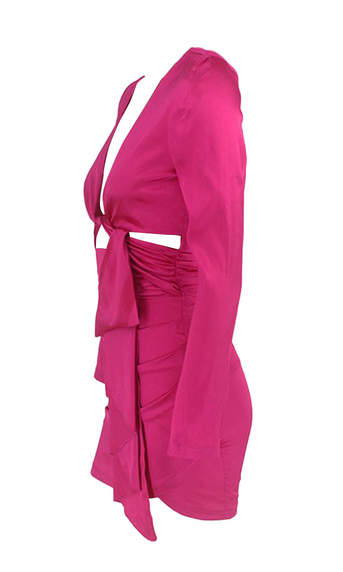 Don't Give AF Fuchsia Pink Long Sleeve Plunge V Neck Twist Wrap Cut Ou ...