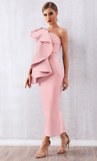 Blowing You Away Pink Sleeveless One Shoulder Ruffle Bodycon Maxi Dress - Sold Out