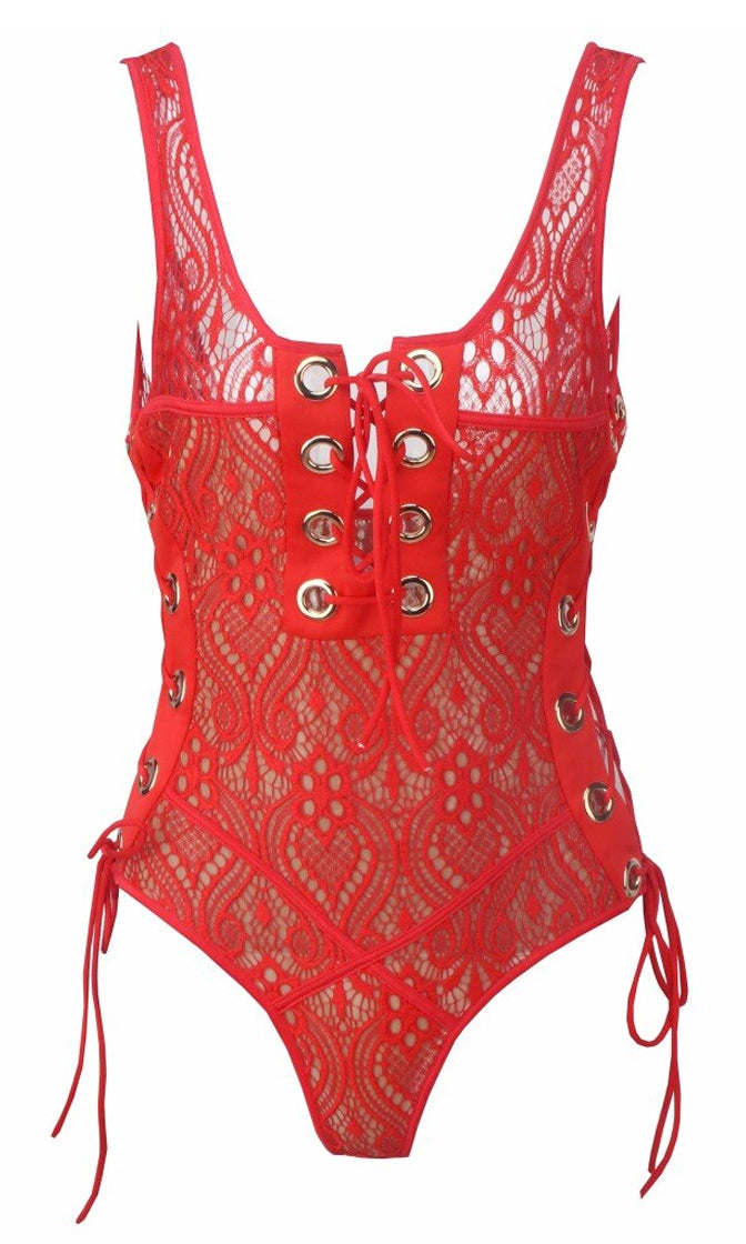 Indie XO Take Me On Vacation Red Lace Overlay Beige Lined Grommet Tie ...