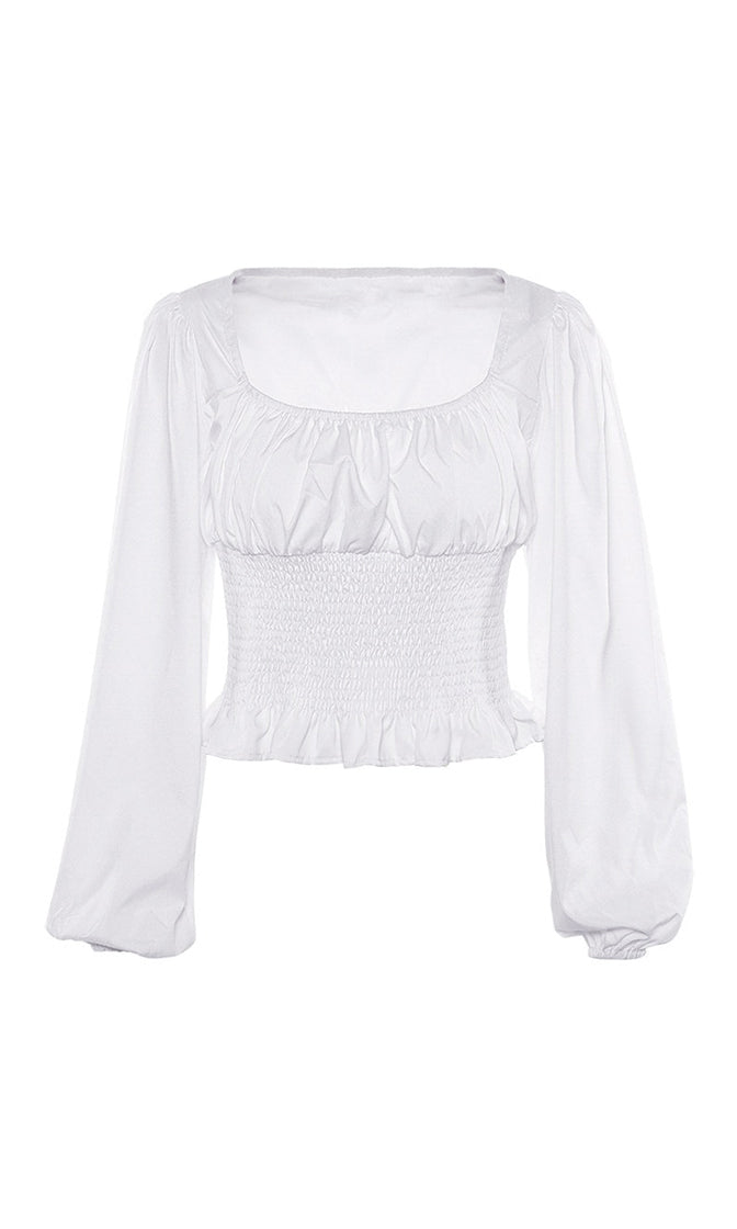 Think It Over White Long Sleeve Square Neck Smocked Peplum Blouse Top ...