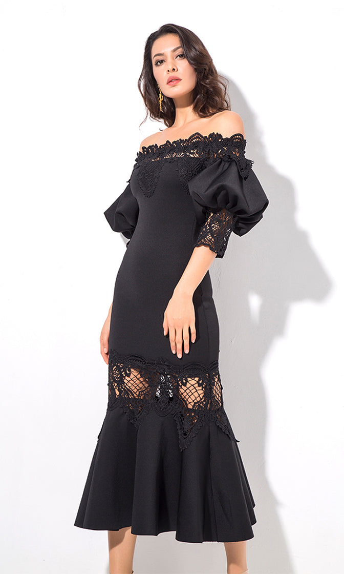 Get You Back Black 3/4 Lantern Sleeve Lace Trim Off The Shoulder ...