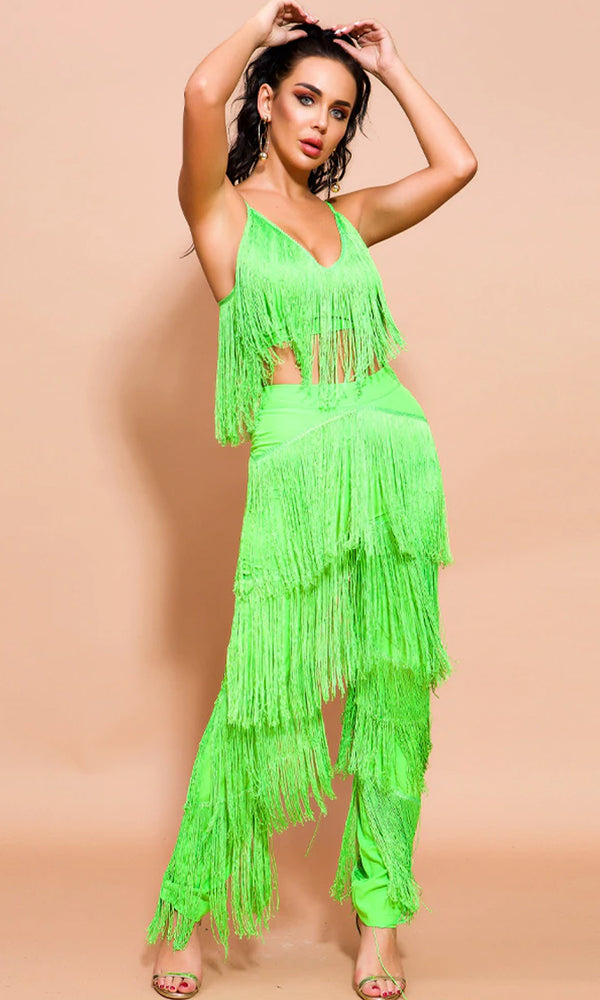 green fringe jumpsuit