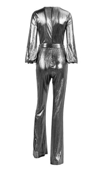 You Only Live Once Silver Metallic Long Sleeve Cross Wrap V Neck Tie Waist Loose Flare Leg Jumpsuit - Sold Out