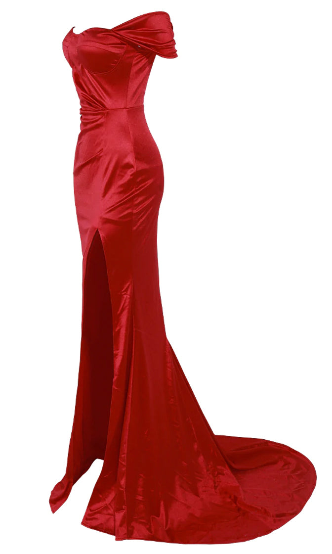 He's Waiting Red Satin Short Sleeve Off The Shoulder High Slit Fit and ...