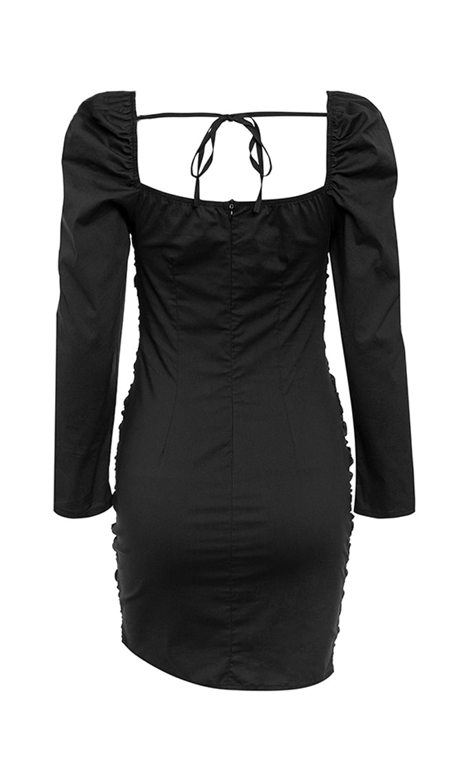 Cashing In Black Long Sleeve Ruched Sweetheart Neck Bodycon Mini Dress ...