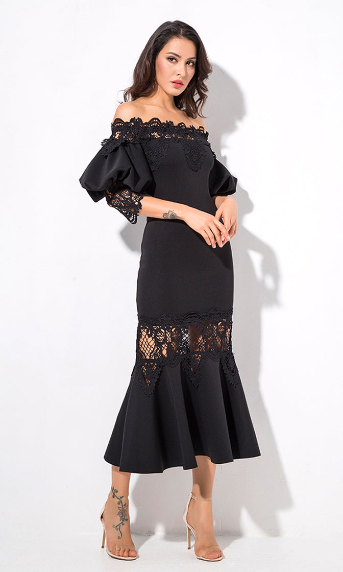 Get You Back Black 3/4 Lantern Sleeve Lace Trim Off The Shoulder ...