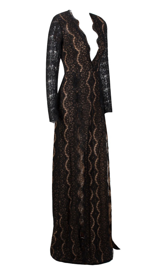 Bad Blood Black Lace Long Sleeve Plunge V Neck Double Front Slit Maxi ...