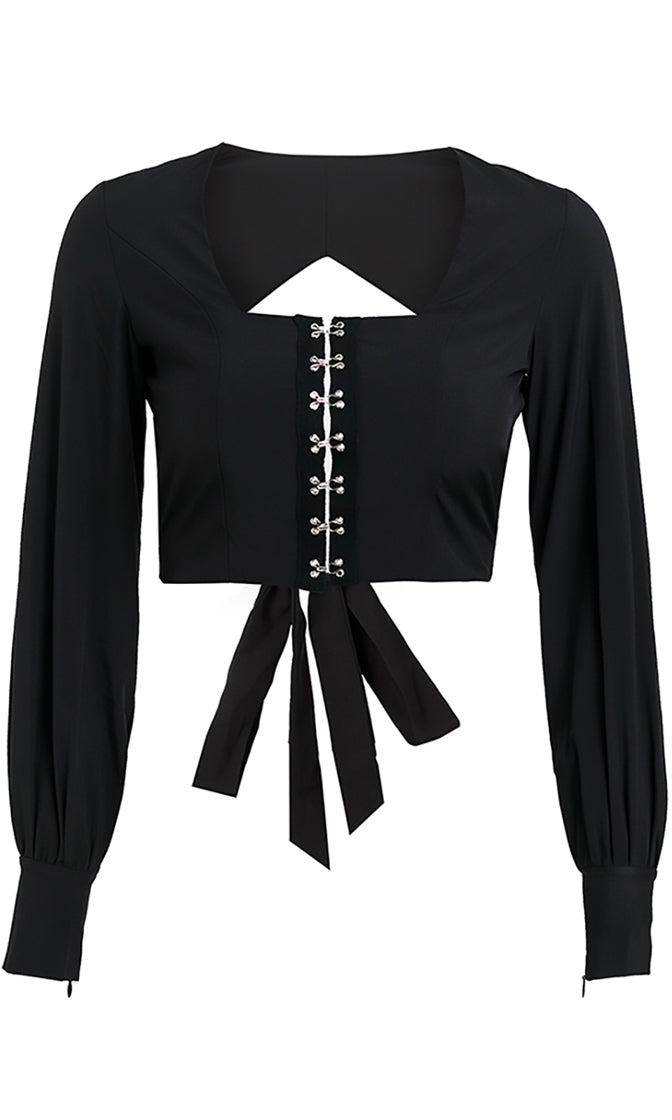 Rock Me Long Sleeve Square Neck Hook And Eye Cut Out Tie Back Crop Top ...