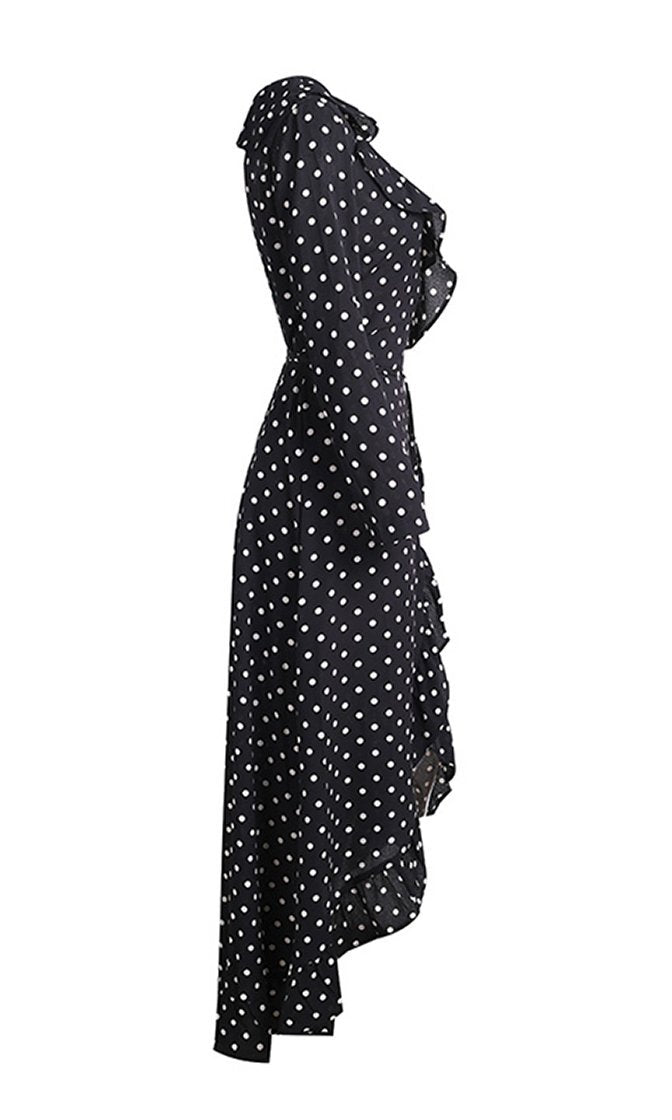 Connect The Dots Black Polka Dot Pattern Long Sleeve Casual Ruffle Cro ...