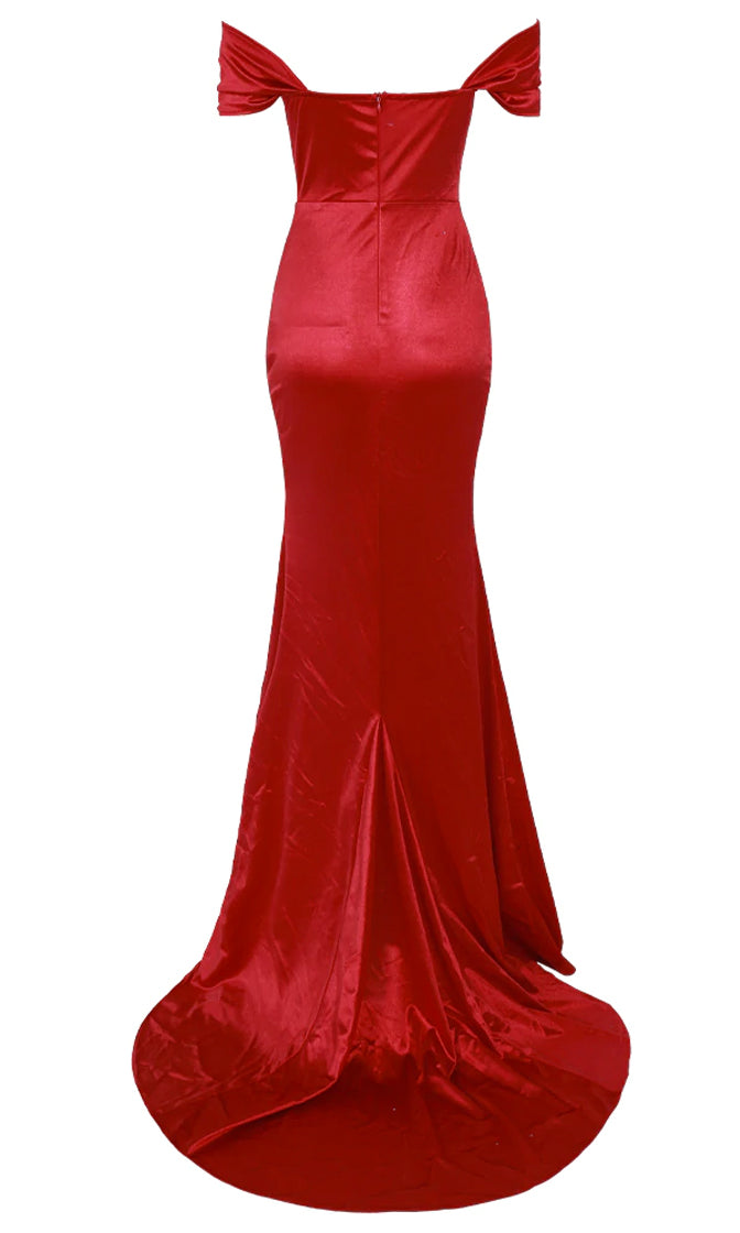 He's Waiting Red Satin Short Sleeve Off The Shoulder High Slit Fit and ...