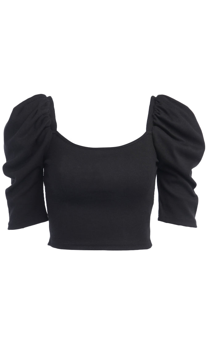 Hanging With The Girls Elbow Sleeve Puff Shoulder Scoop Neck Crop Top ...