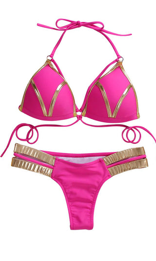 Shining In The Sun , Fuchsia Pink Metallic Spaghetti Strap Push Up Bra Top  Low Rise Bikini Two Piece Swimsuit