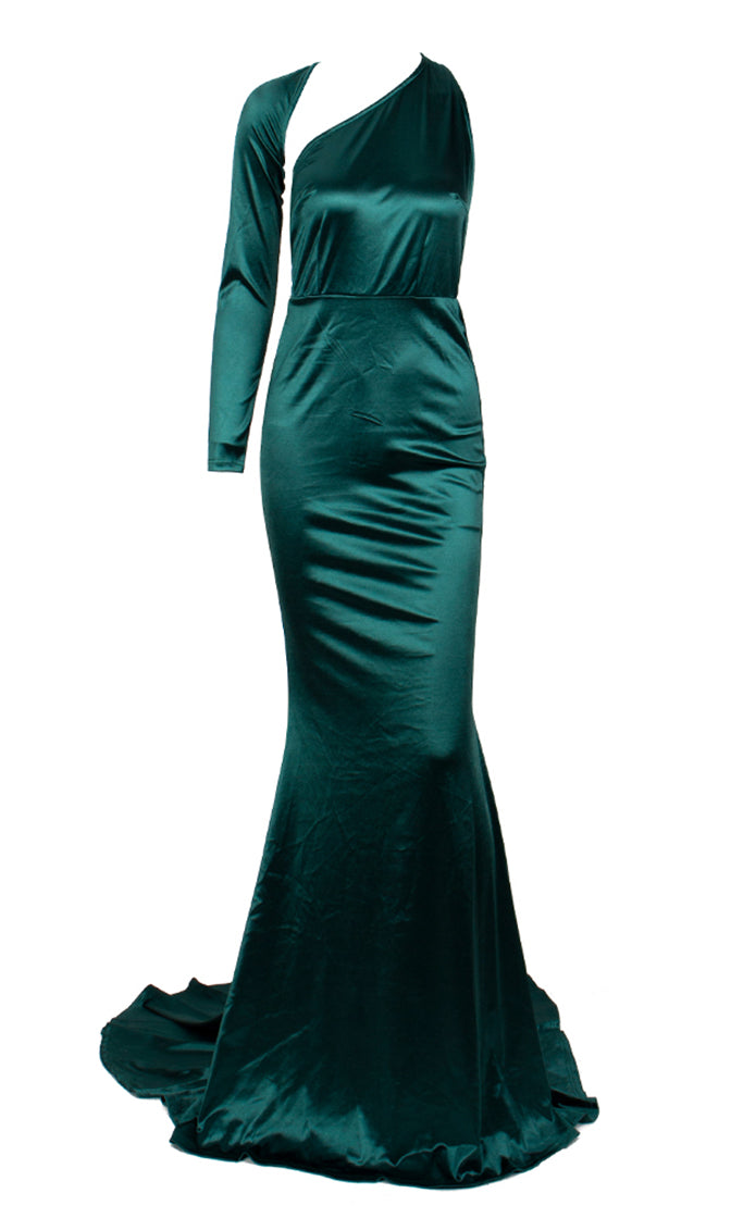 Hollywood Mystery Teal Satin One Shoulder One Long Sleeve Backless Mer ...