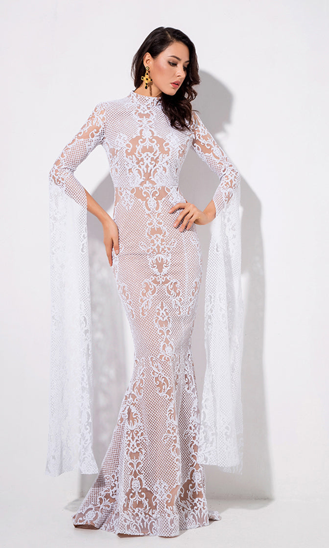 Longing For Love White Lace Glitter Extra Long Sleeve Mock Neck Bodycon Mermaid Maxi Dress