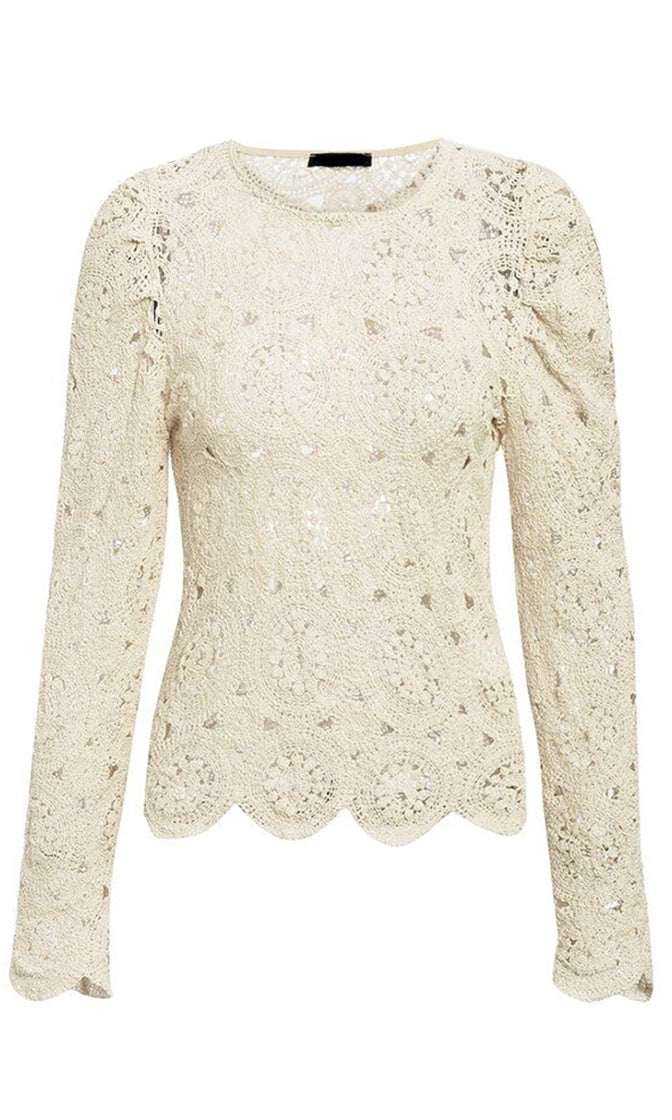 Round About Beige Embroidery Crochet Long Sleeve Puff Shoulder Crew Ne ...