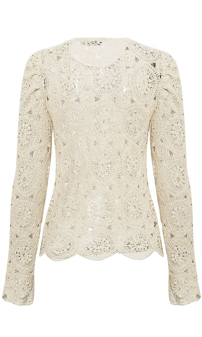 Round About Beige Embroidery Crochet Long Sleeve Puff Shoulder Crew Ne ...