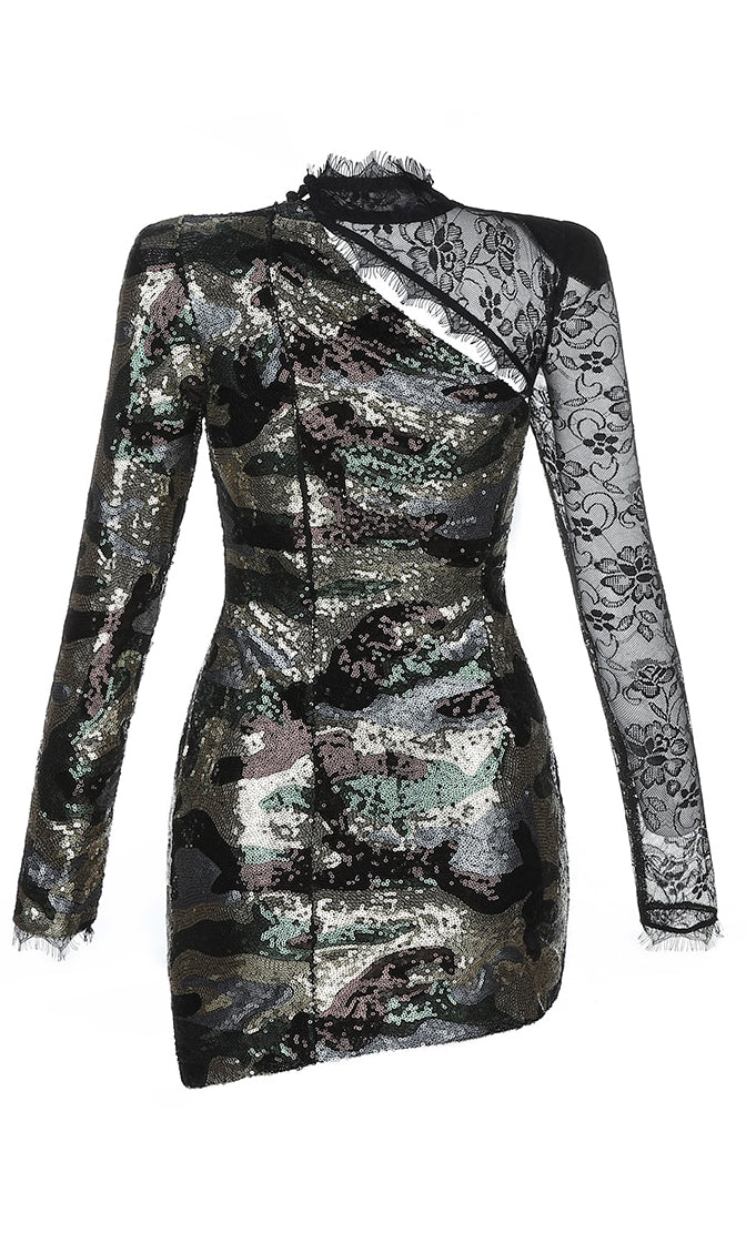 London Look Black Sequin Sheer Lace Camouflage Pattern Long Sleeve Moc ...