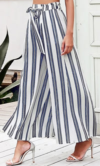 Hey Mama Stripe Pattern High Waist Tie Belt Split Wide Leg Loose Trouser Pants - 4 Colors Available