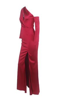 Reaching The Limit Wine Red Satin Long Sleeve One Shoulder Asymmetric Keyhole Front Slit Maxi Dress - Sold Out