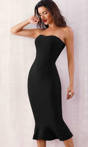 My Mind On Your Body Black Bandage Strapless Fishtail Ruffle Zip Back Bodycon Midi Dress - 4 Colors Available