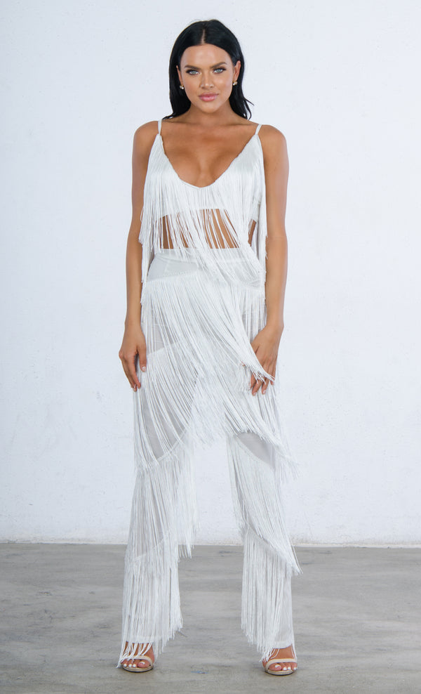 silver fringe jumpsuit