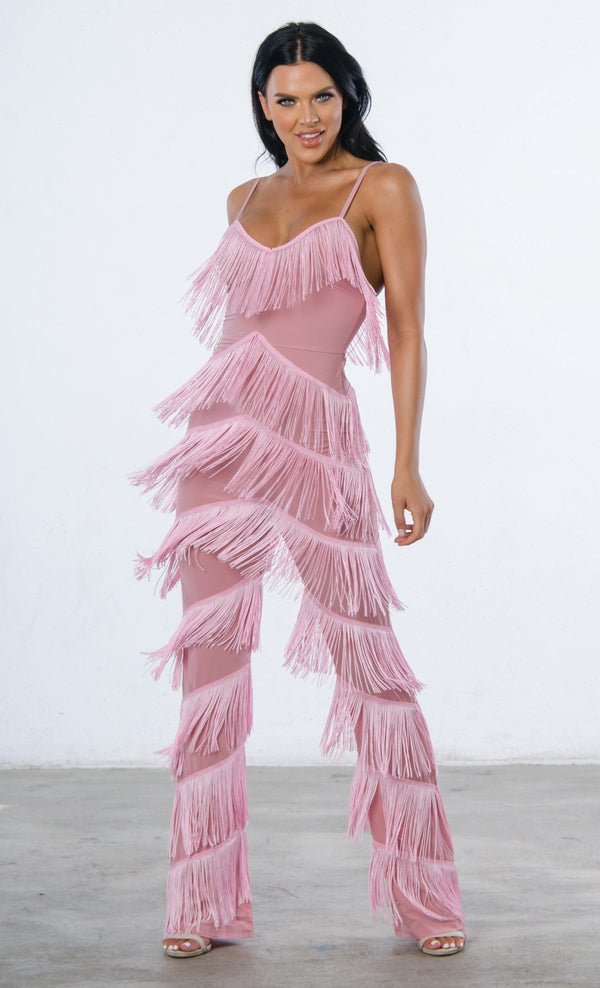 pink fringe jumpsuit