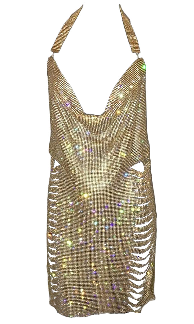 Club Queen Rhinestone Chain Cut Out Sleeveless Drape Neck Halter ...