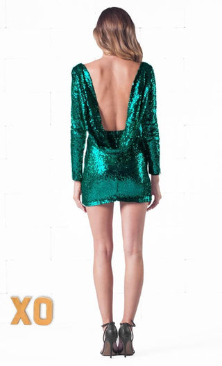 Indie XO Sparkling Night Green Sequin Long Sleeve Open Draped Backless Bodycon Dress - Just Ours! - Out of Stock